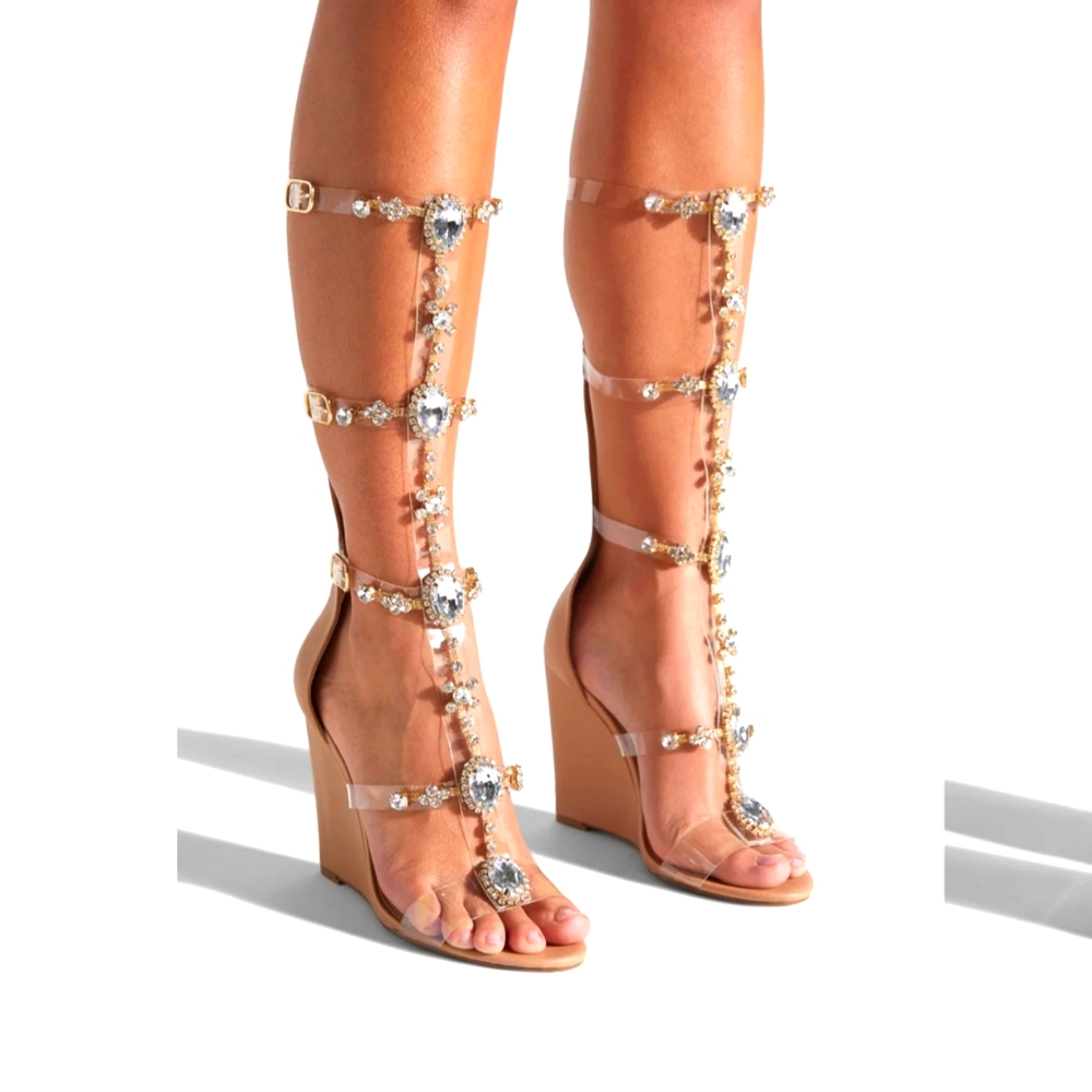 Yulanda Jeweled Bling Gladiater Crystal Stone Wedge Shoes